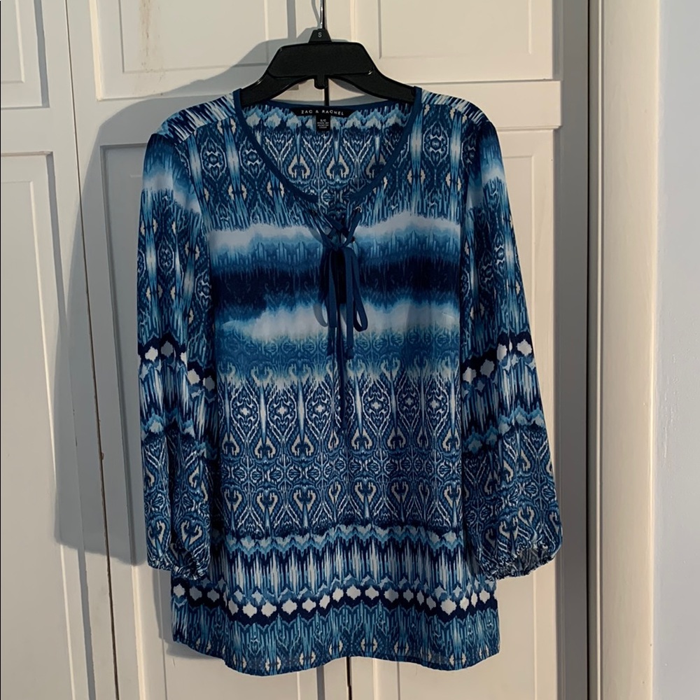 Zac & Rachel Blue Tie Front 3/4 Sleeve Blouse EUC